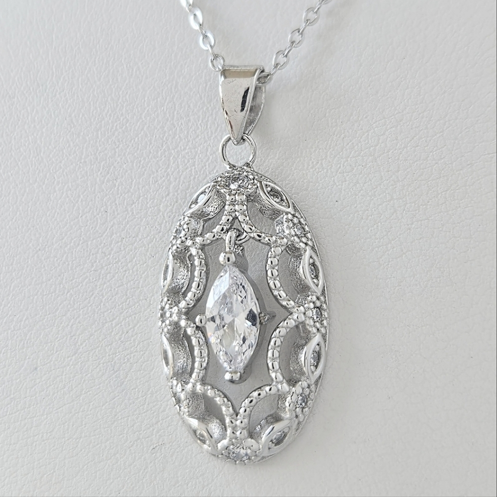 Oval Pendant Necklace with Marquise Gemstone, 925 Sterling Silver Venice Italy
